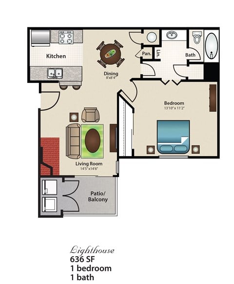 Floor plan for 1 bed, 1 bath, 636 sqft